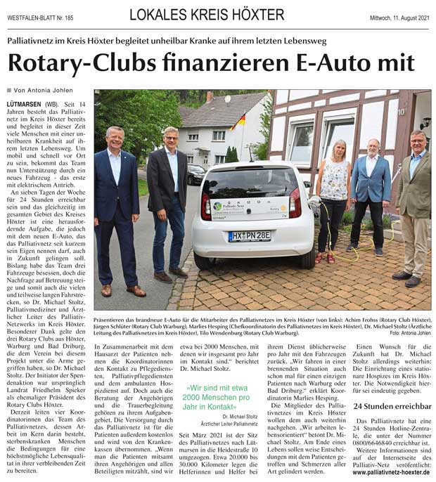 Palliativ Netz im Kreis Höxter e.V. - Rotary Clubs übergeben neues Elektro-Fahrzeug