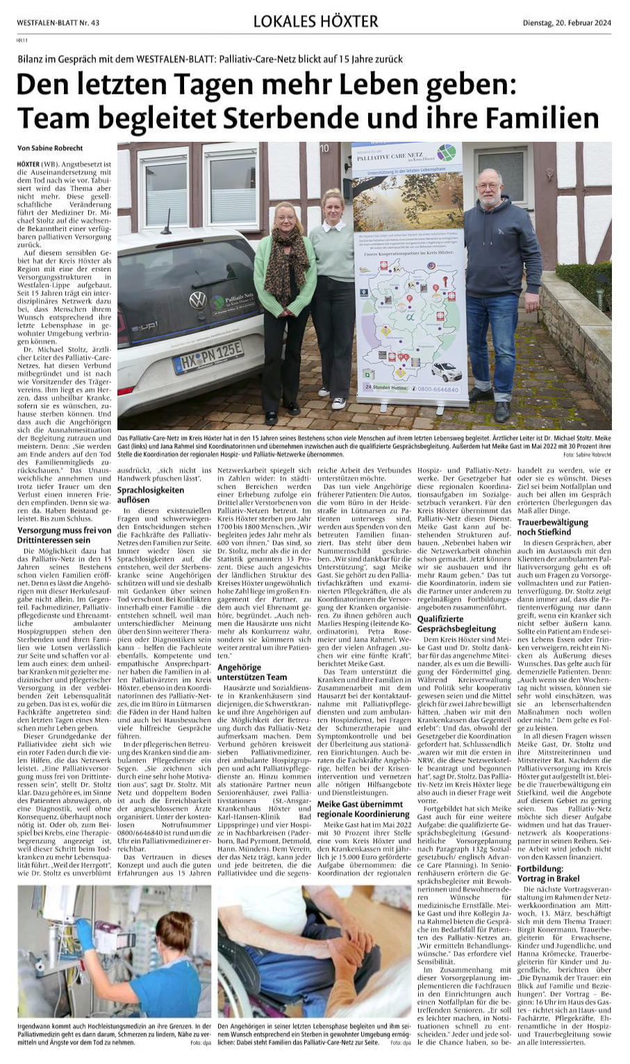 Palliativ Netz im Kreis Höxter e.V. - Artikel im Westfalen-Blatt 20.02.2024 - 15 Jahre - PDF-Download