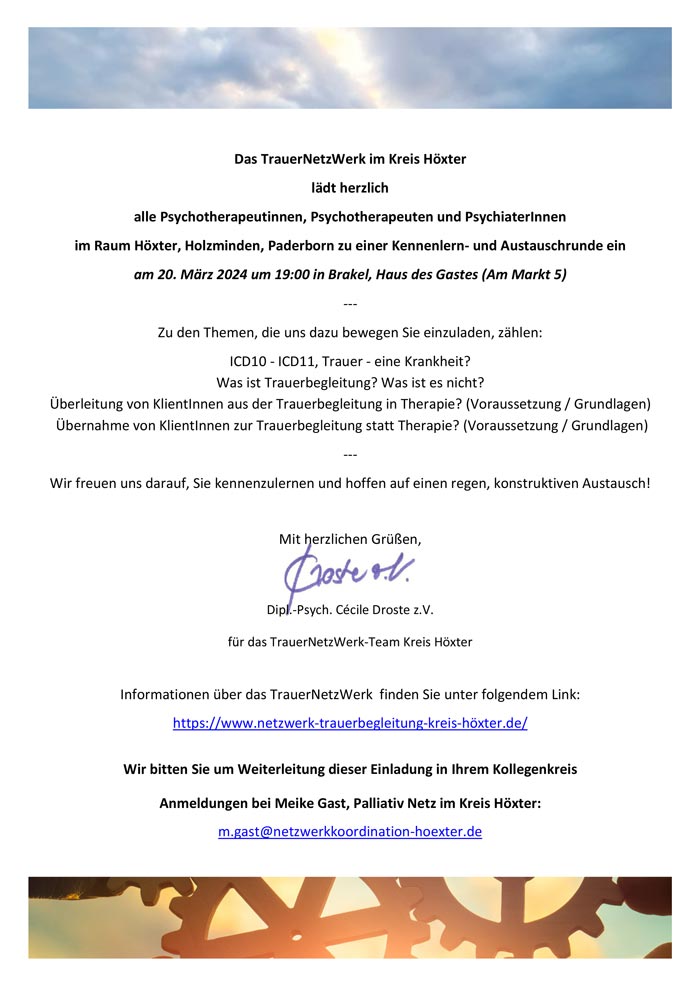 TrauerNetzWerk im Kreis Höxter lädt ein am 20.03.2024 - Trauer und Trauerbegleitung - Vorschau